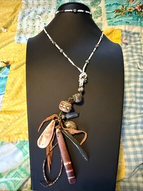 Handmade Bohemian Seed Bead
Necklace With Stones And Fossil. One Of A Kind Piece